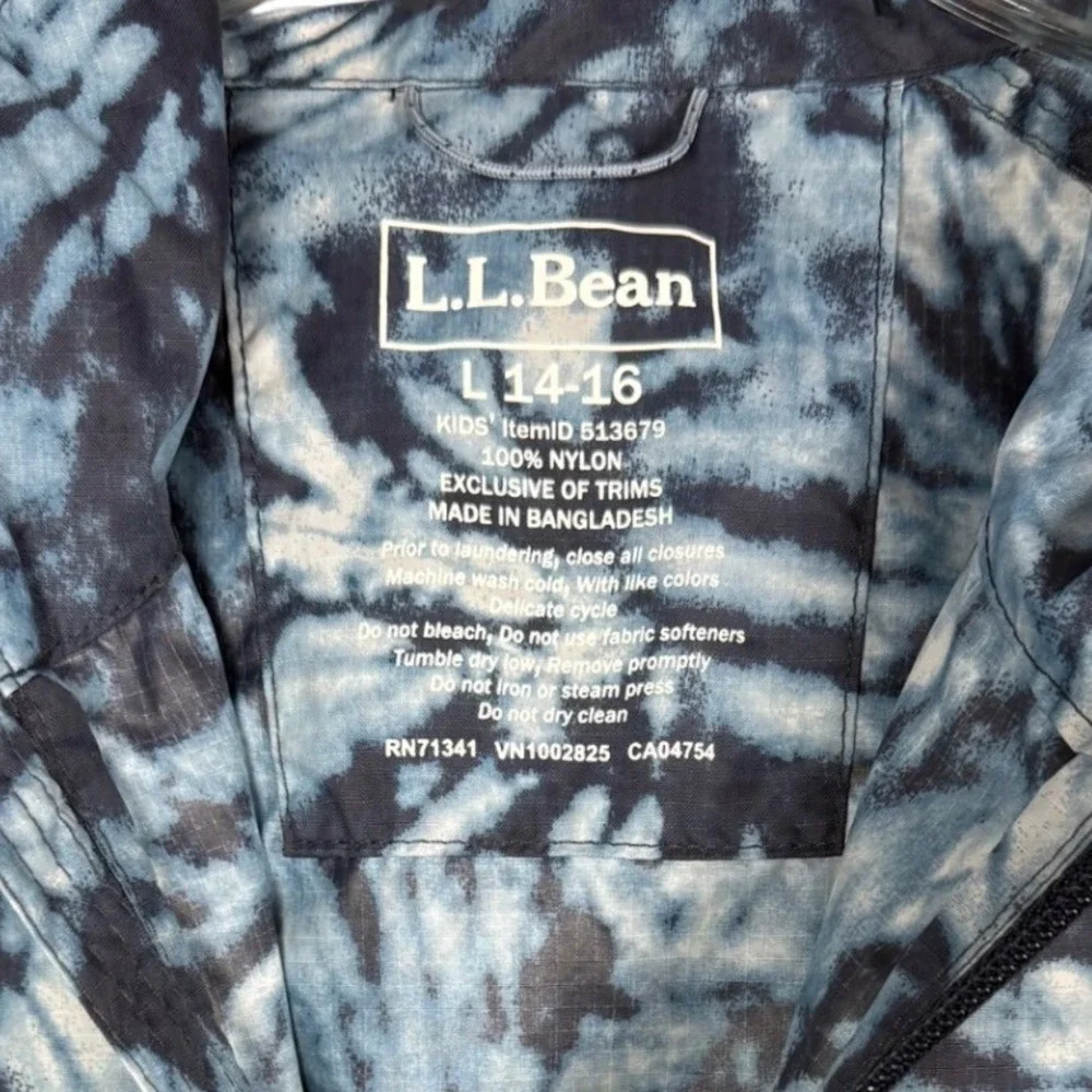 LL BEAN Kids Windbreaker Rain Jacket, Hooded, Blue Tie Dye, Size Large 14-16